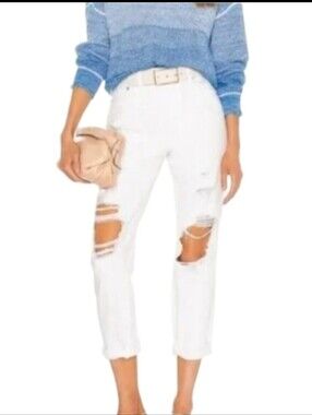New Pistola boyfriend busted knees Cuffed high rise white jeans  NWT W30